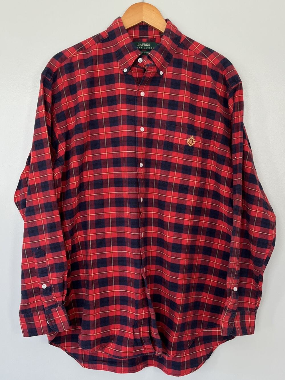 Lauren Ralph Lauren Men’s L Red Blue Buffalo Check Flannel Shirt LRL Crest